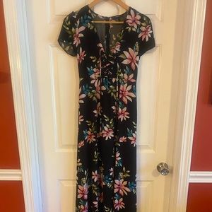 Forever 21 Black Floral Maxi Dress with Pink & Green Accents